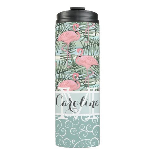 Custom Blush Pink Flamingoes Palm Leafs Pattern Thermal Tumbler