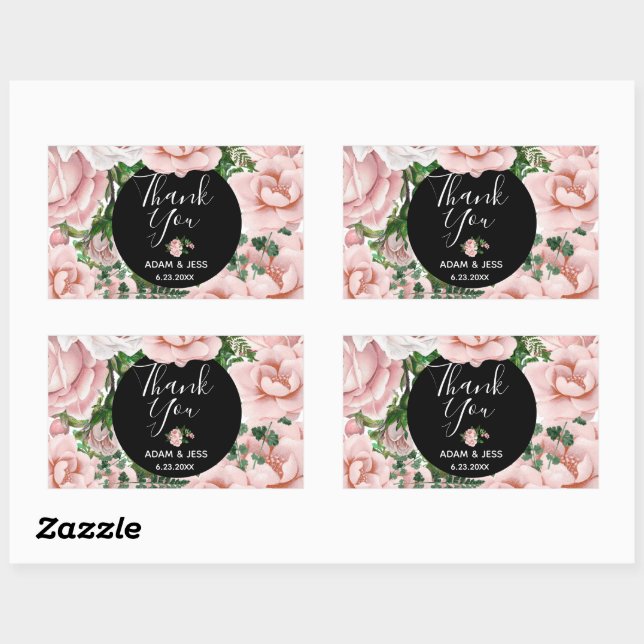 Custom Blush Pink Floral Bouquet Thank You Rectangular Sticker (Sheet)
