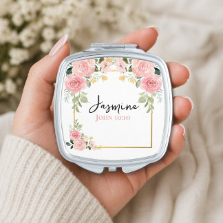 Custom Blush Pink Floral Watercolor & Bible Verse Compact Mirror