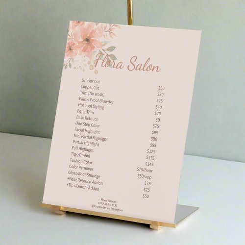Custom Blush Pink Flowers Beauty Salon Price List  Pedestal Sign