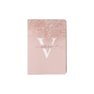 Custom Blush Pink Glitter Trendy Monogram Modern Passport Holder