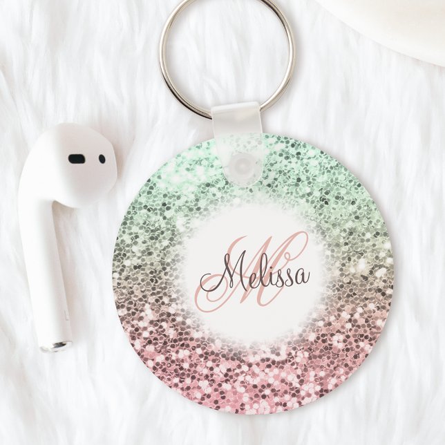 Custom Blush Pink Green Glitter Monogram Name Keychain (Creator Uploaded)