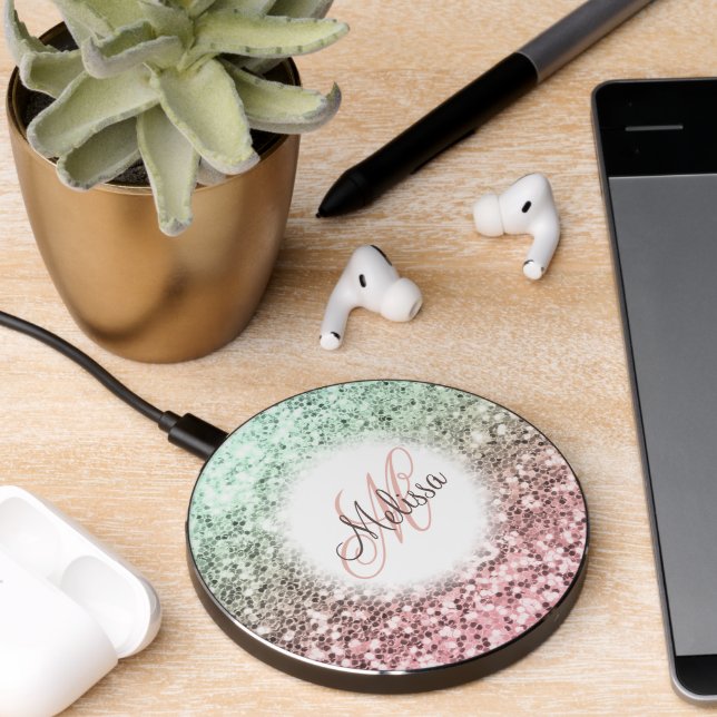 Custom Blush Pink Green Glitter Monogram Name Wireless Charger (Desk 2)