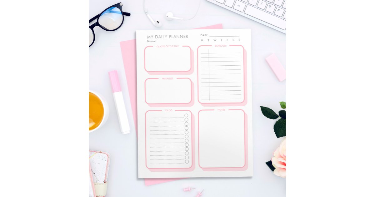 Custom Blush Pink Minimalist Undated Daily Planner Notepad | Zazzle