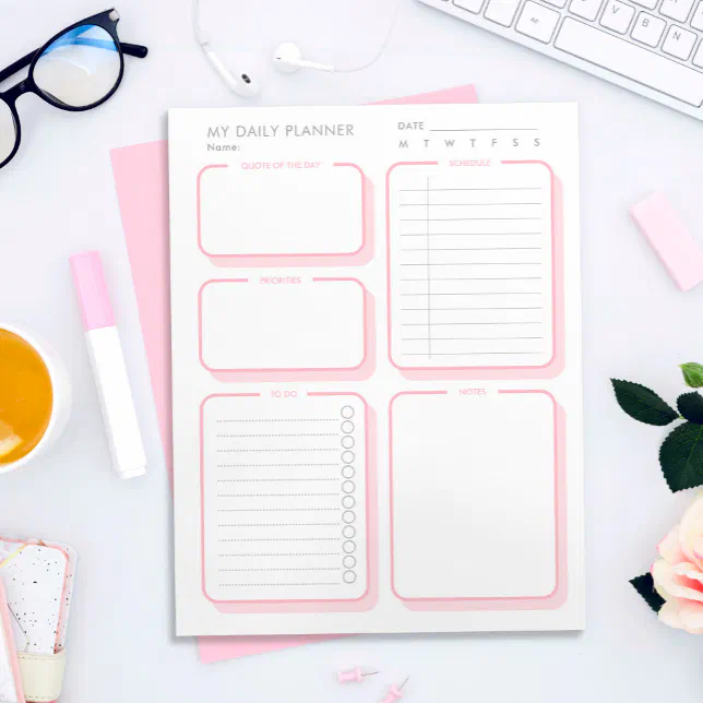 Custom Blush Pink Minimalist Undated Daily Planner Notepad | Zazzle