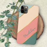 Custom Blush Pink Mint Teal Seafoam Green Stripes iPhone 11 Pro Max Case<br><div class="desc">Contemporary girly coral blush, light and dark mint, and ivory colored striped cell phone case. With room to customize with name, monogram or initials of your choice. Beautiful, modern and cool cover for the trend-savvy and art-loving hip trendsetter, artsy motif lover who wants to protect their phone from dust and...</div>