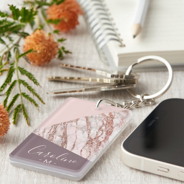 Custom Blush Pink Rose Gold Marbled Art Pattern  Keychain (Front Right)