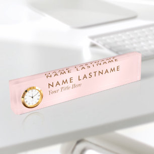 Custom Blush Pink Simple Feminine Name Plate Clock
