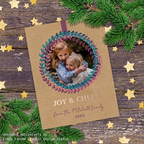 Custom Blush Pink Teal Blue Green Wreath Rose Gold Foil Holiday Card