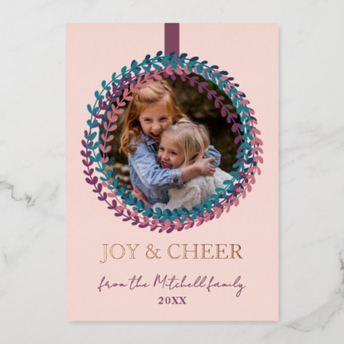 Custom Blush Pink Teal Blue Wreath Rose Gold Foil Holiday Card