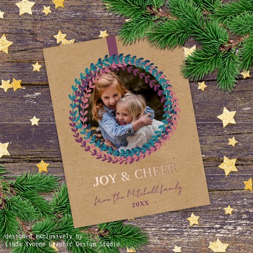 Custom Blush Pink Teal Blue Wreath Rose Gold Foil Holiday Postcard