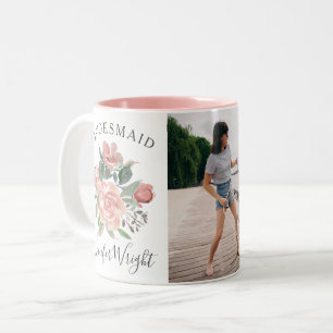 Custom Blush Watercolor Floral Photo Bridesmaid Two-Tone Coffee Mug