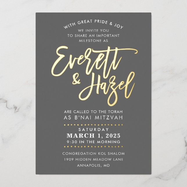 CUSTOM B'nai Mitzvah imitation gold script name Foil Invitation (Front)