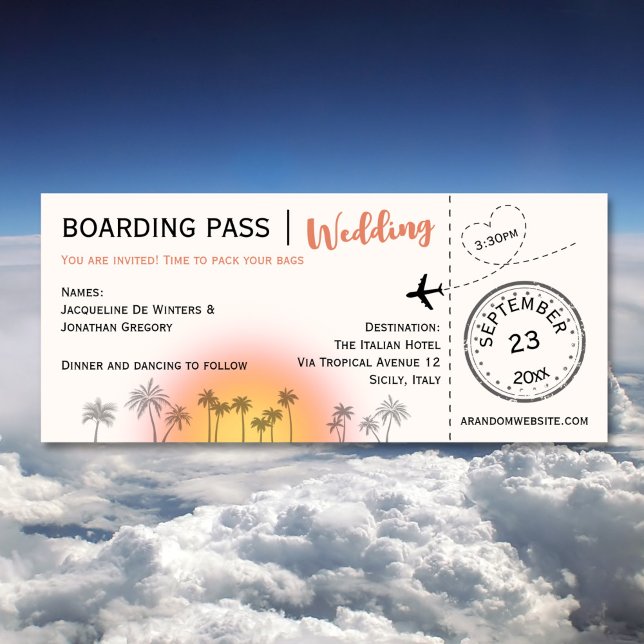 Custom Boarding Pass Tropical Sunset Wedding Invitation (Creator Uploaded)