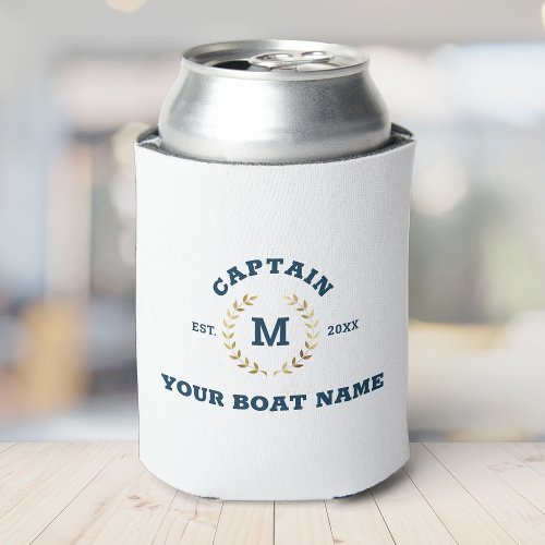 Custom Boat Captain Monogram Gold Laurel Nautical Can Cooler