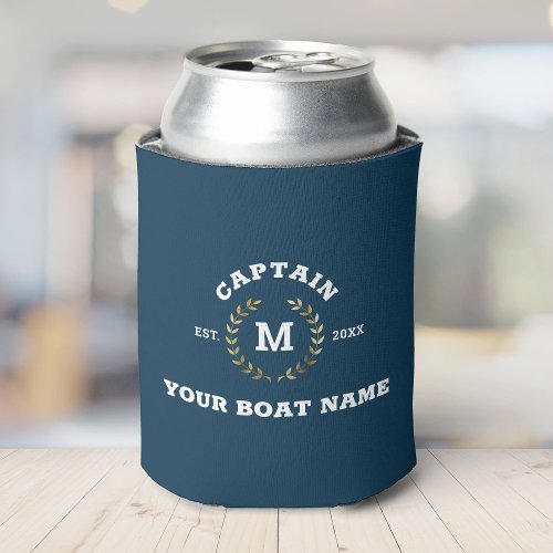 Custom Boat Captain Monogram Gold Laurel Nautical Can Cooler