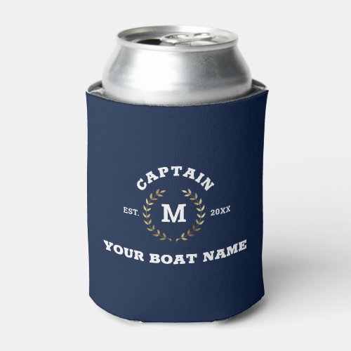 Custom Boat Captain Monogram Gold Laurel Nautical  Can Cooler