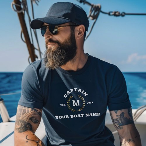 Custom Boat Captain Monogram Gold Laurel Nautical T_Shirt