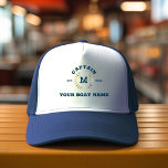 Custom Boat Captain Monogram Gold Laurel Nautical Trucker Hat<br><div class="desc">Custom modern vintage boat hat with cool navy blue nautical lettering reading CAPTAIN,  your monogram in a printed golden laurel,  and your personalized boat name. Great gift for a boating trip,  your own sailboat,  yacht,  or boat crew.</div>