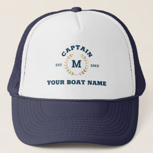 Custom Boat Captain Monogram Gold Laurel Nautical Trucker Hat