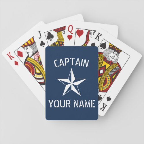 Custom boat captain name nautical star navy blue playing cards