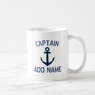 Custom boat captain name navy anchor coffee mug