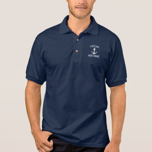 Custom boat captain name navy anchor polo shirt