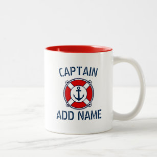 Custom boat captain name navy anchor ring buoy mug