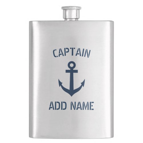 Custom boat captain name navy anchor steel flask