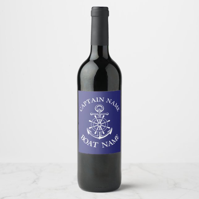 Custom boat captain name navy nautical sailor  wine label (Front)