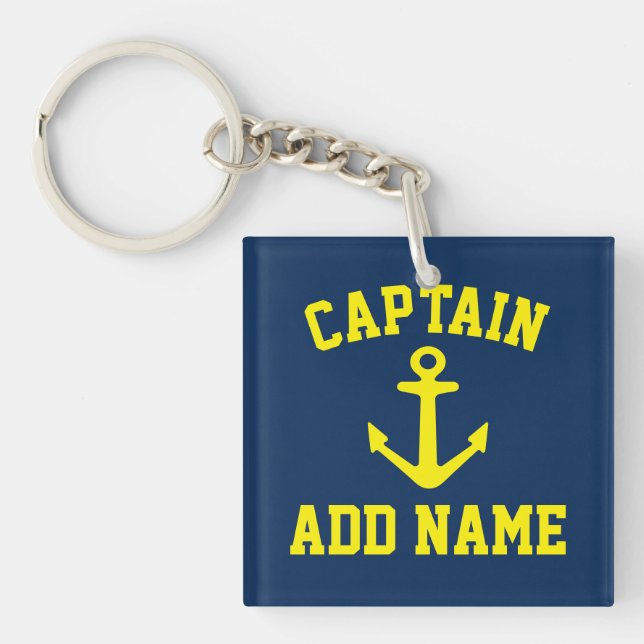 Custom boat captain name yellow navy anchor keychain (Front)