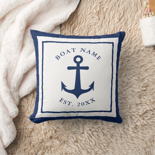 Custom Boat Name Anchor White Navy Blue Nautical Throw Pillow