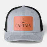 Custom Boat Name Captain Leather Patch Hat<br><div class="desc">Take command of the helm in style with this personalized Captain leather patch hat, the ultimate accessory for any skipper. The design centers around the word "Captain" displayed in a sleek, modern nautical font. Above the text, a classic anchor graphic highlights your custom year, perfect for commemorating the purchase of...</div>