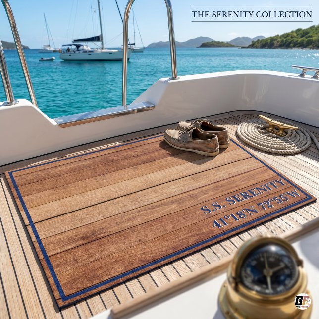 Custom Boat Name & Coordinates Faux Teak Wood Deck Outdoor Rug (#summervacation)