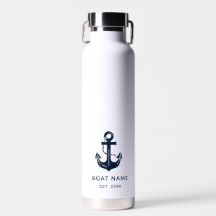 Custom Boat Name & Est Year Navy Anchor White Water Bottle