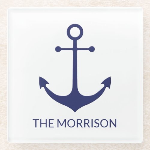 Custom Boat name nautical anchor navy blue white Glass Coaster