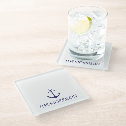 Custom Boat name nautical anchor navy blue white Glass Coaster