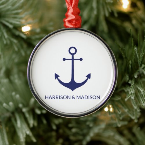 Custom Boat name nautical anchor navy blue white Metal Ornament