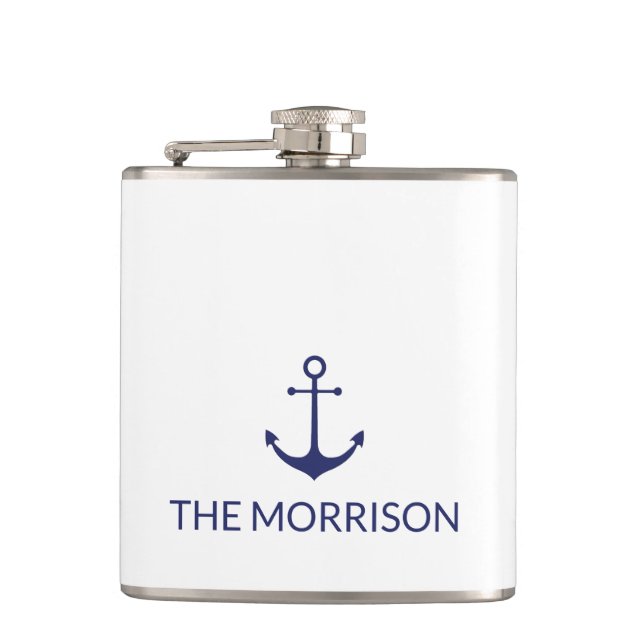 Custom Boat name nautical anchor navy minimalist Flask (Front)