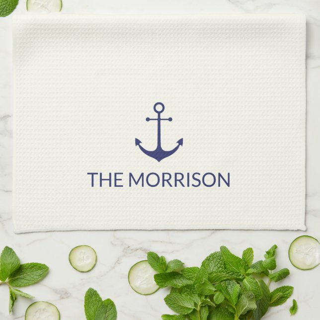 Custom Boat Name nautical navy blue anchor ivory Kitchen Towel (Folded)