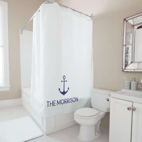 Custom Boat Name nautical navy blue anchor white Shower Curtain