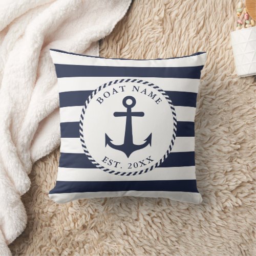 Custom Boat Name Navy Blue White Anchor Nautical Throw Pillow