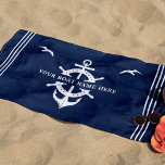 Custom Boat Name Ship’s Wheel Anchor Nautical Blue Beach Towel<br><div class="desc">Nautical boating beach towel reading your custom boat name surrounded by a ship's well and anchor in modern navy blue with seagulls.</div>