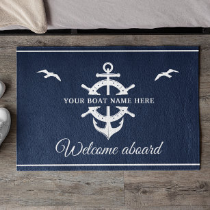 Custom Boat Name Ship’s Wheel Anchor Nautical Blue Doormat