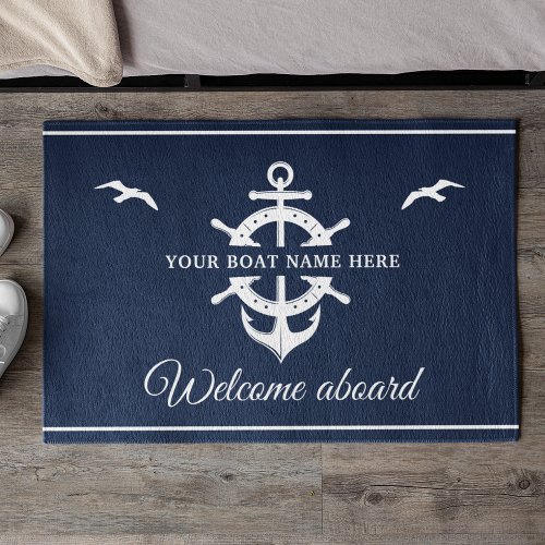 Custom Boat Name Shipâs Wheel Anchor Nautical Blue Doormat