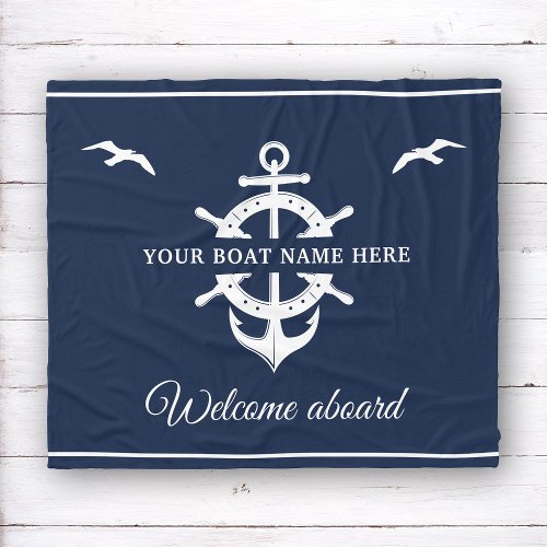 Custom Boat Name Ships Wheel Anchor Nautical Blue Fleece Blanket