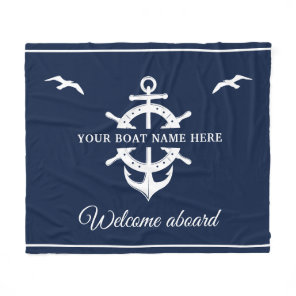 Custom Boat Name Ship’s Wheel Anchor Nautical Blue Fleece Blanket