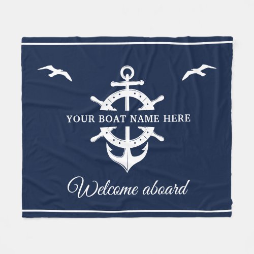 Custom Boat Name Shipâs Wheel Anchor Nautical Blue Fleece Blanket