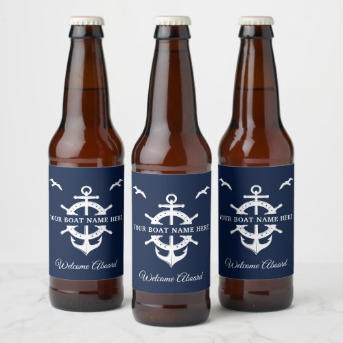 Custom Boat Name Shipâs Wheel Anchor Nautical Cool Beer Bottle Label