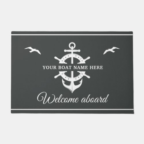 Custom Boat Name Ships Wheel Anchor Nautical Gray Doormat